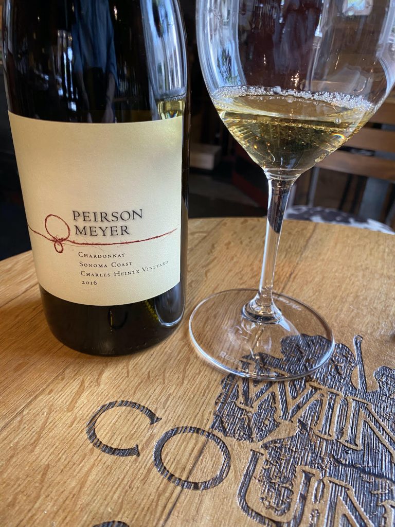 alt="Peirson Meyer 2016 Charles Heintz Vineyard Chardonnay bottle and glass"