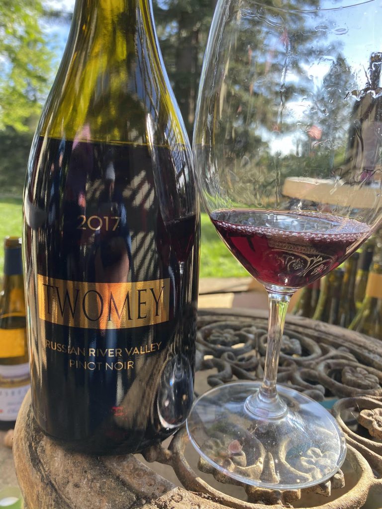 alt="Twomey 2017 Russian River Valley Pinot Noir bottle and glass"