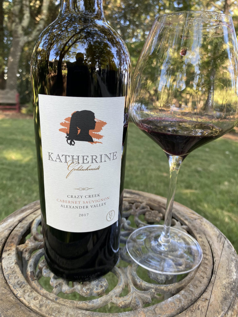 alt="Katherine Goldschmidt 2017 Crazy Creek Cabernet Sauvignon bottle and glass"