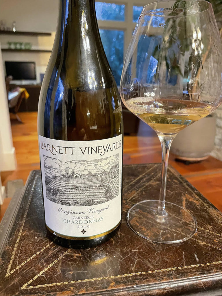 alt="Barnett 2019 Chardonnay Sangiacomo Vineyard bottle glass"