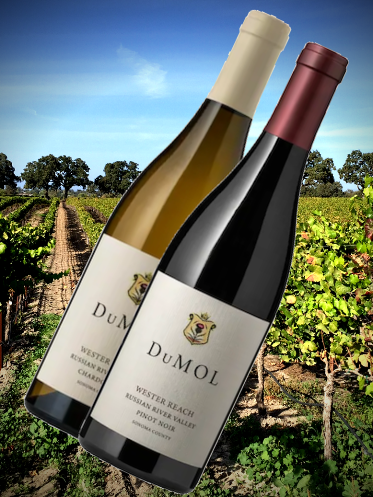 alt="DuMOL 2019 Wester Reach Chardonnay and Pinot Noir bottles"