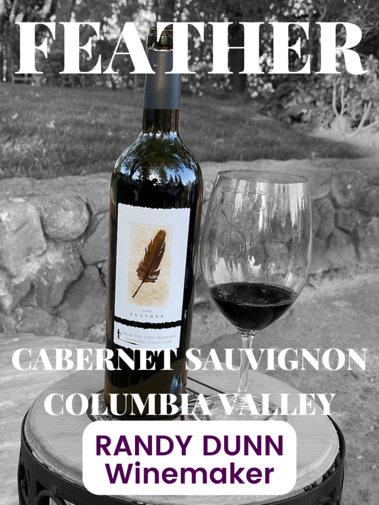 Feather Cabernet Sauvignon bottle and glass on table with text