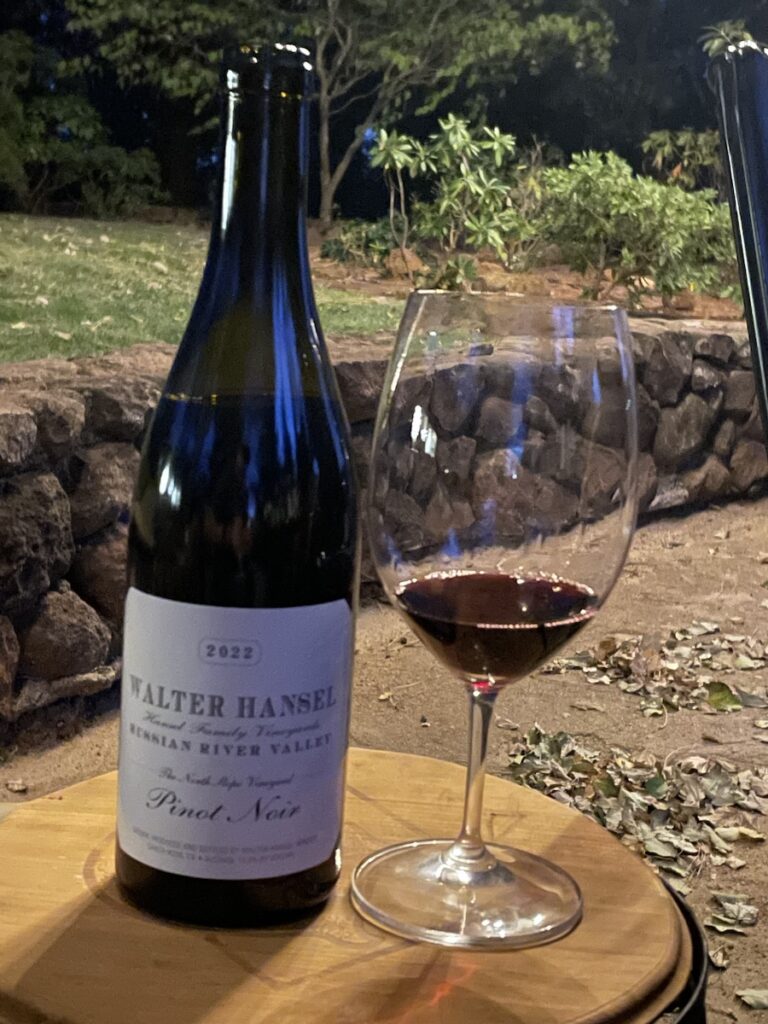 alt="Walter Hansel The South Slope Vineyard Pinot Noir bottle and glass"