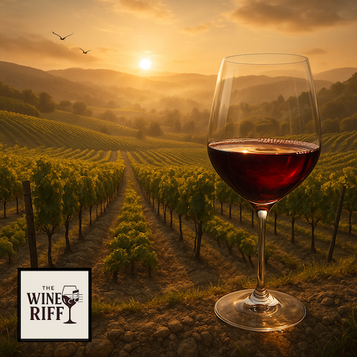 alt="Terroir, vineyard, glass of red wine with sunrise background"