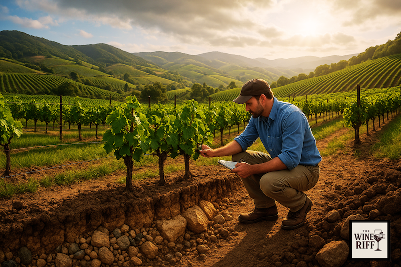 alt="man inspecting vines in vineyard"