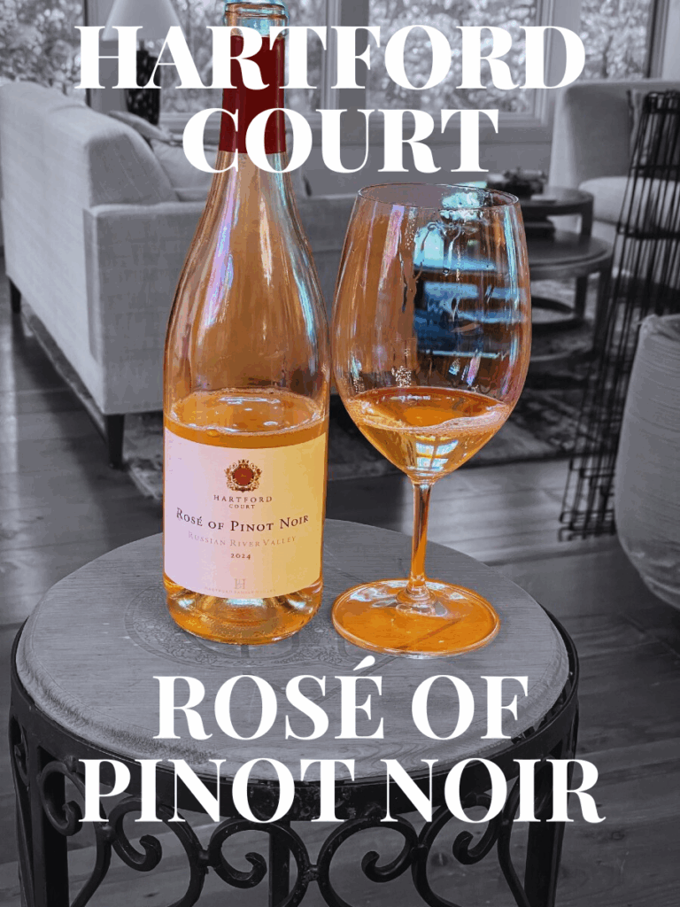 alt="Hartford Court Rosé of Pinot Noir bottle and glass"