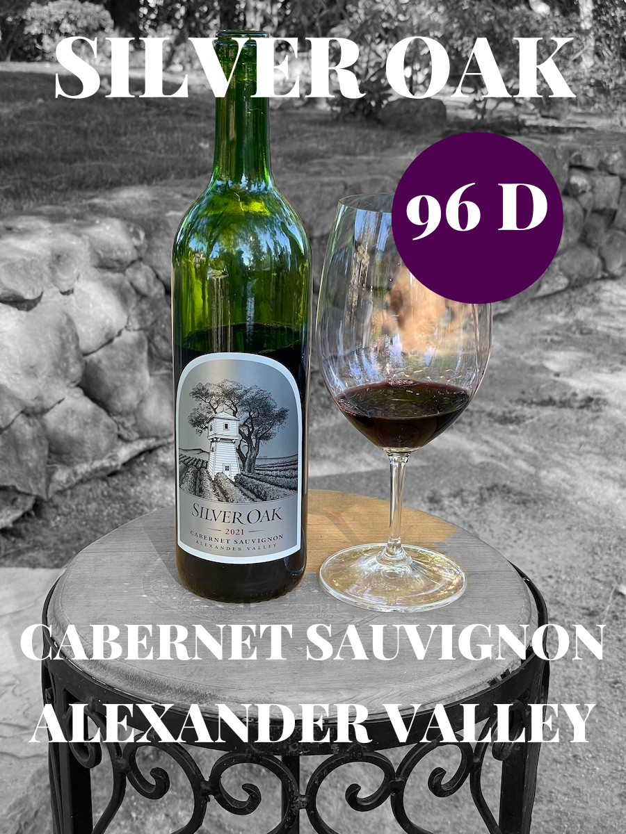alt="Silver Oak Alexander Valley 2021 Cabernet Sauvignon bottle and glass with text"