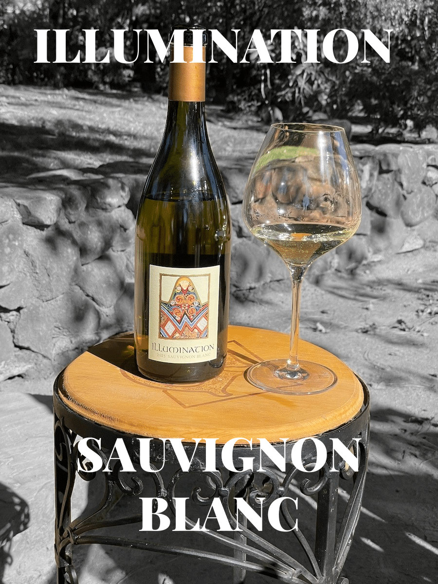 Illumination Sauvignon Blanc bottle and glass with text