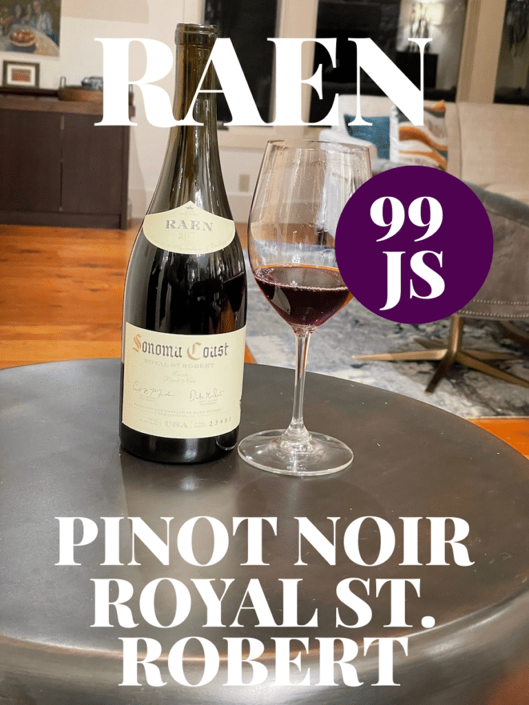 Raen Royal St Robert Cuvée Pinot Noir bottle and glass with text