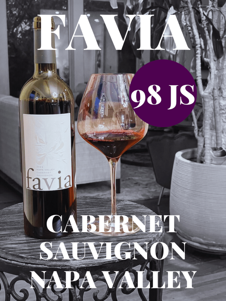 Favia Napa Valley Cabernet Sauvignon bottle and glass with text