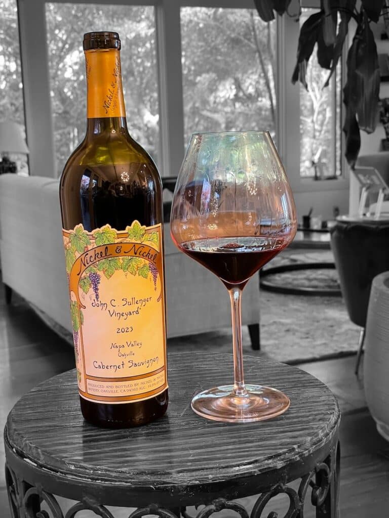 Nickel & Nickel John C. Sullenger Vineyard Cabernet Sauvignon bottle and glass Nickel & Nickel John C. Sullenger Vineyard Cabernet Sauvignon bottle and glass