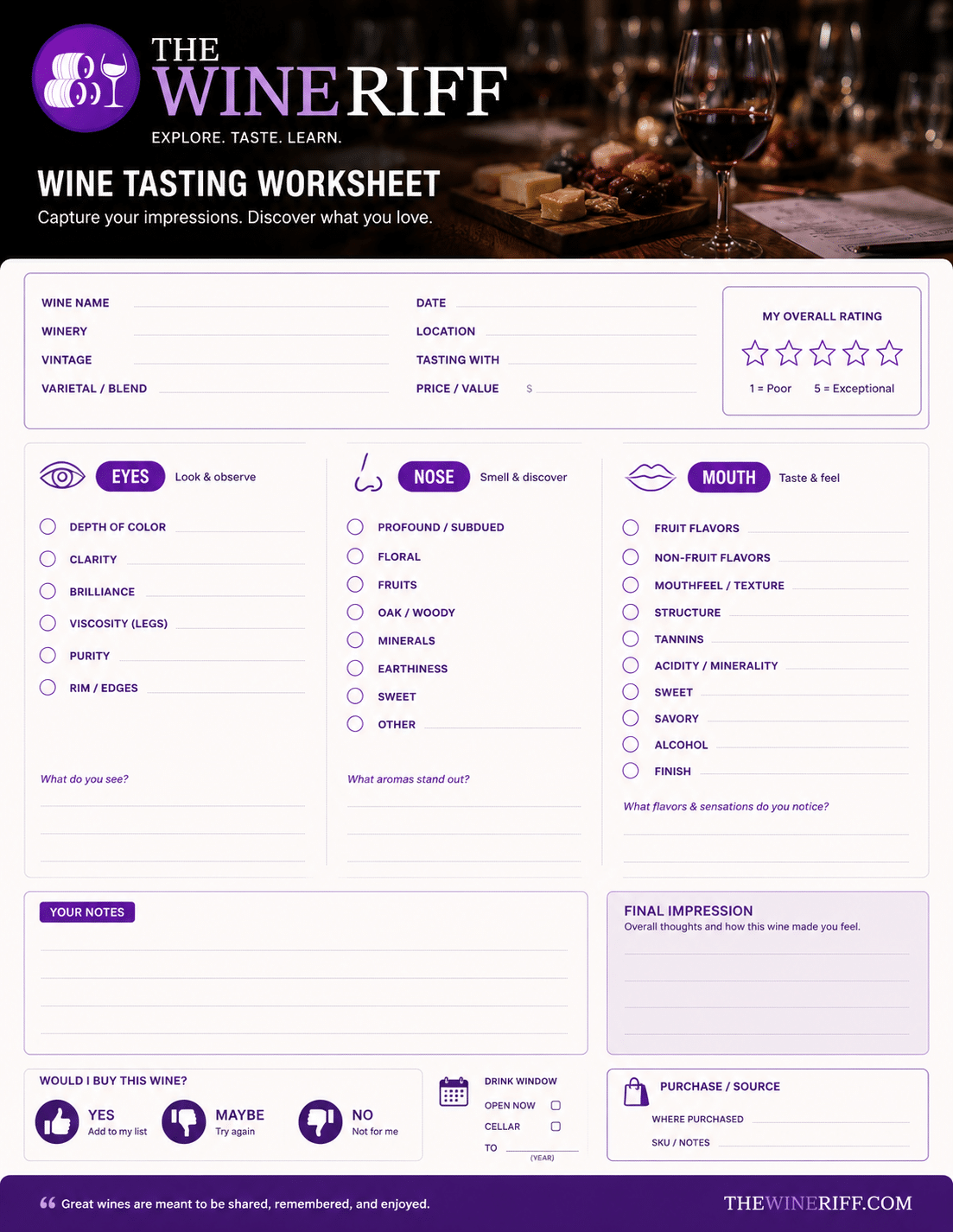 Wine Education Tasting Worksheet Wine Education Tasting Worksheet