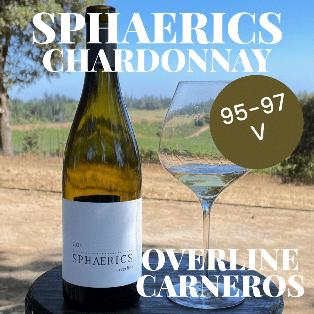 Sphaerics Overline Chardonnay bottle and glass on patio table with text Sphaerics Overline Chardonnay bottle and glass on patio table with text